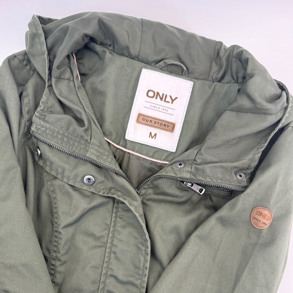 ONLY Womens Olive Green Hooded Utility Parka Jacket Full Zip Drawstring Waist M